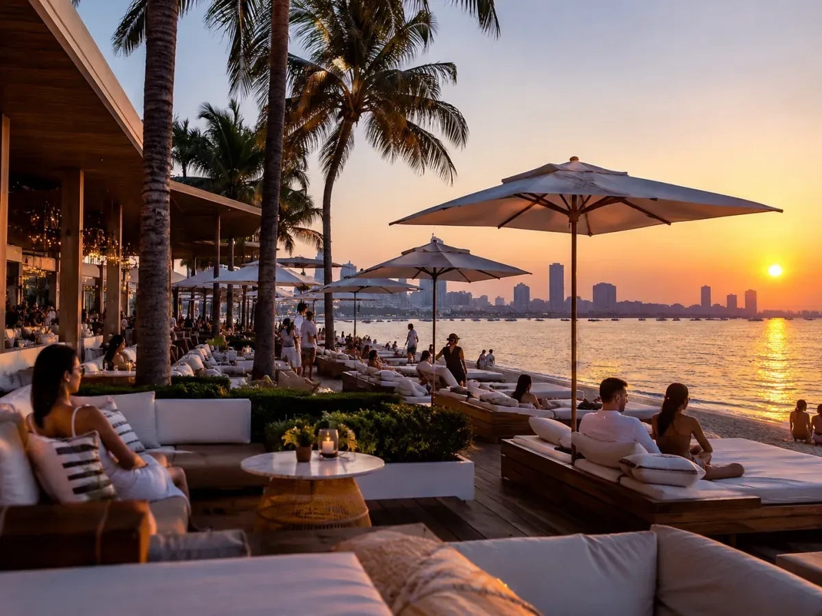 Sonnenuntergang ueber der Bucht von Pattaya mit Blick Richtung Koh Larn