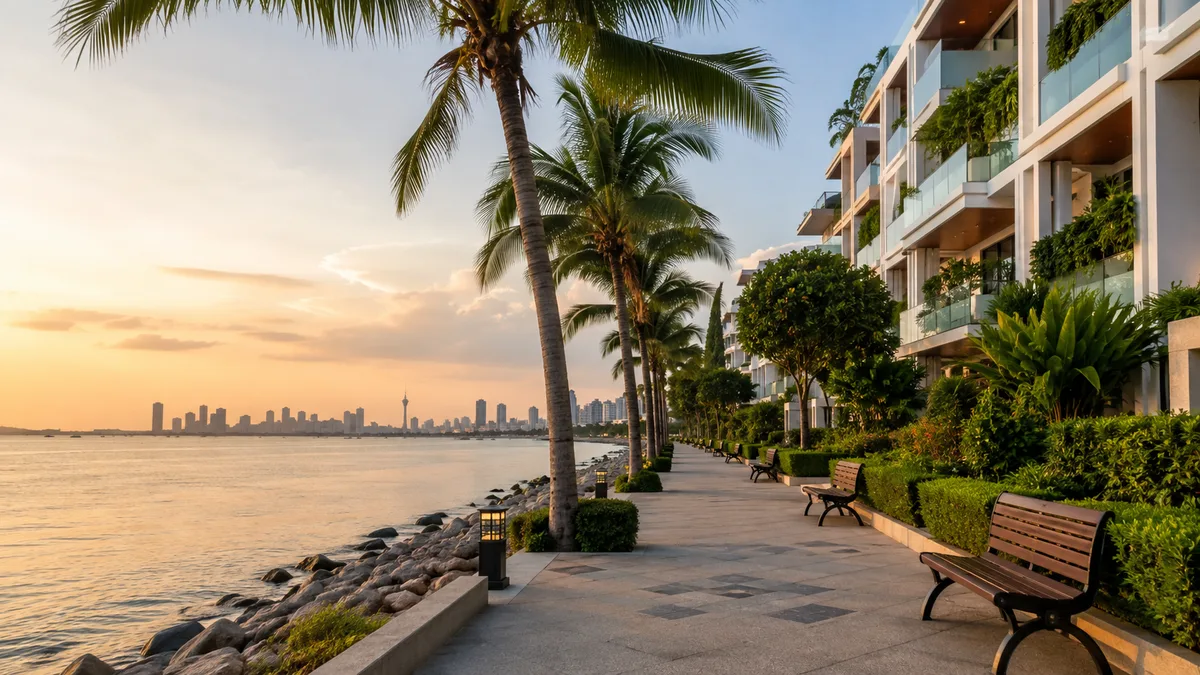 Ruhige Uferpromenade mit Palmen und moderner Wohnanlage am Meer in Thailand