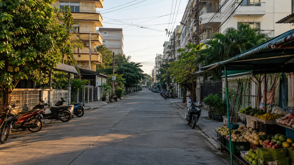 Wohngebäude und Marktstand an einer ruhigen Seitenstraße der Soi Buakhao in Zentral-Pattaya am Morgen