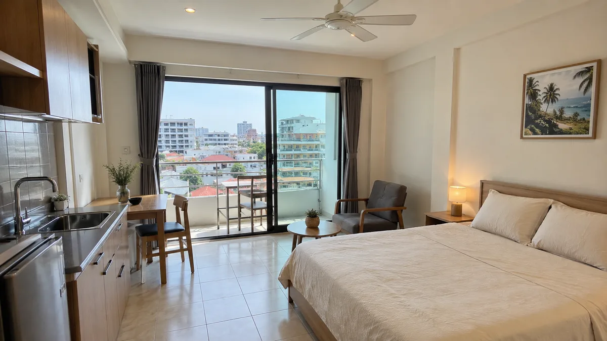 Helle, einfach eingerichtete Ein-Zimmer-Wohnung mit Balkon und Blick über die Dächer von Zentral-Pattaya