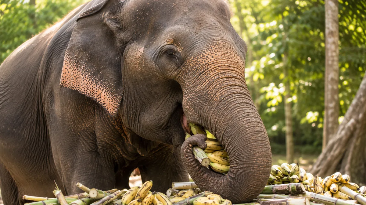 Elefant frisst Bananen und Zuckerrohr in natürlicher Umgebung