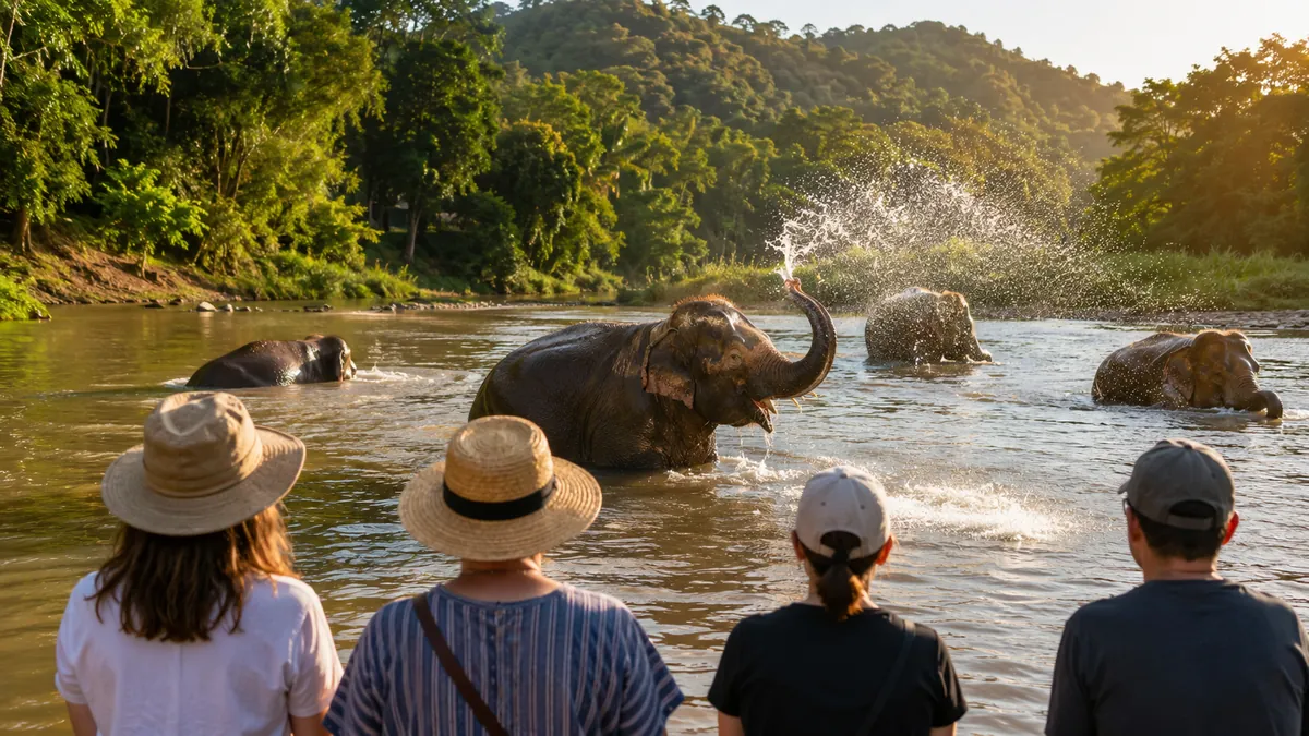 Elefanten baden frei in einem Fluss, Besucher beobachten mit Abstand von hinten