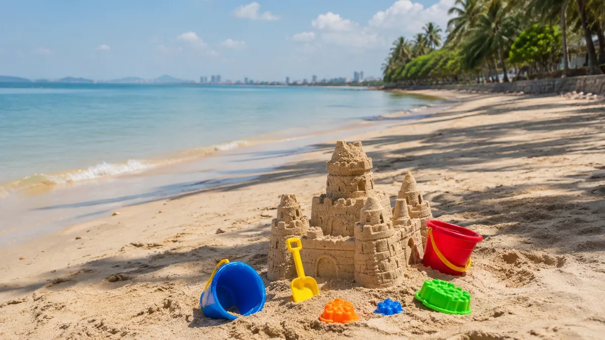 Sandburg mit Spielzeug am flachen Familienstrand von Jomtien