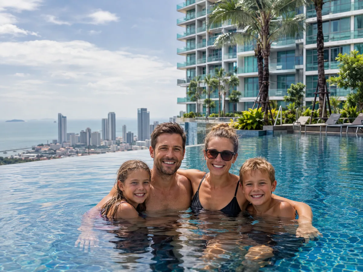 Infinity pool of a luxury residence with the Pattaya skyline