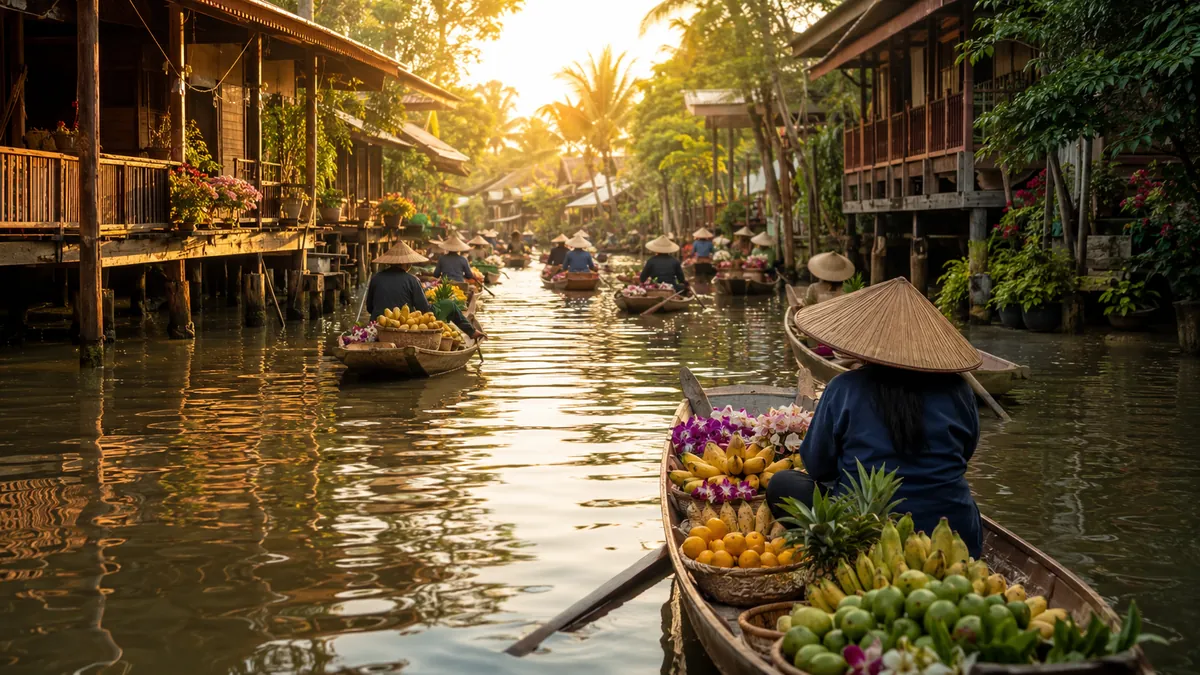 Holzboote mit tropischen Früchten auf den Kanälen des Pattaya Floating Market am Morgen