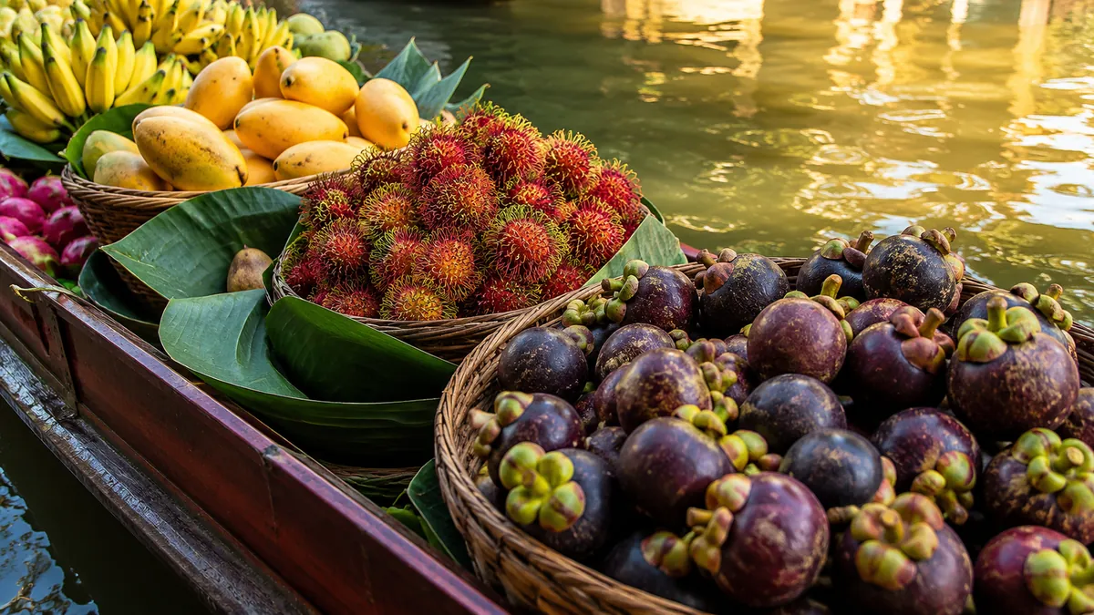 Körbe mit Mangostan, Rambutan und Mango auf einem Marktboot