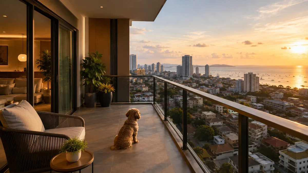 Kleiner Hund auf dem Balkon eines modernen Condos in Pattaya mit Blick auf die Skyline