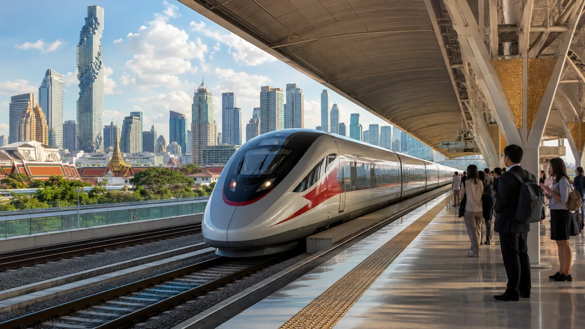Moderner Bahnhof mit Zug vor der Skyline, Symbolbild fuer die geplante Schnellzugverbindung