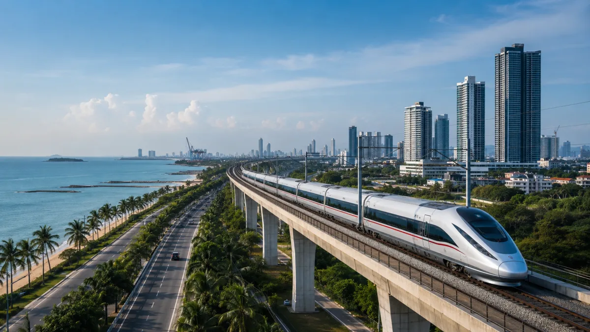 Hochgeschwindigkeitszug an Küste Pattaya Thailand mit modernen Hochhäusern und Meerblick