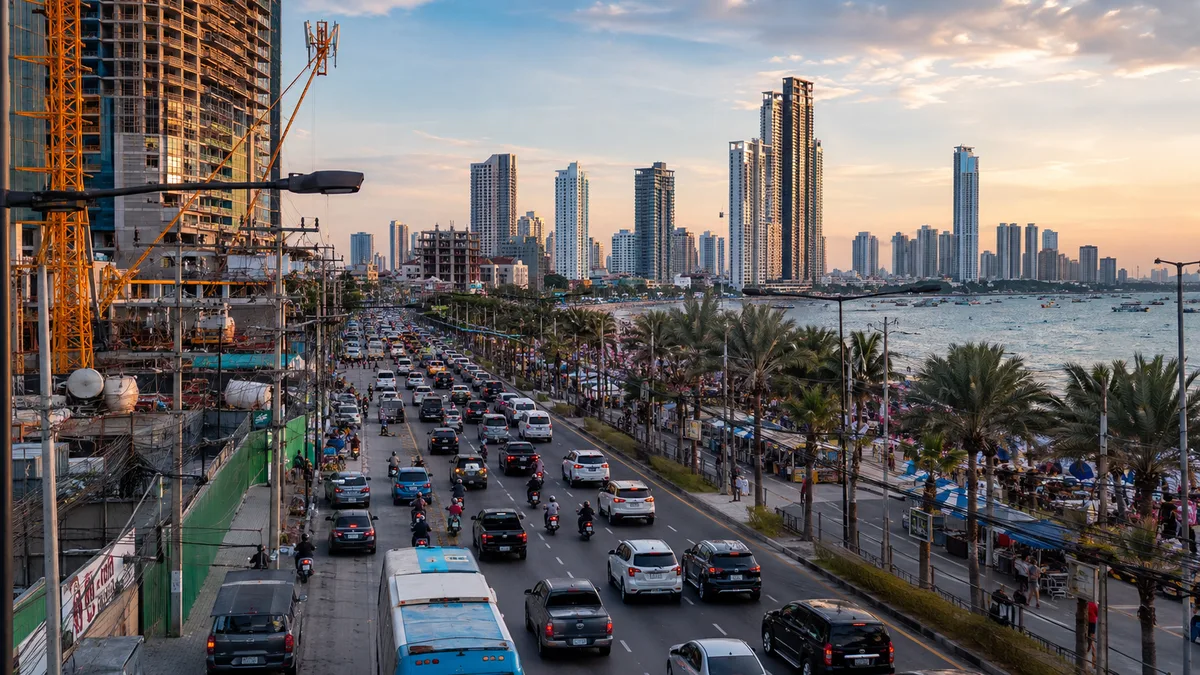 Belebte Straße in Pattaya mit dichtem Verkehr, Baustelle und moderner Skyline im Hintergrund
