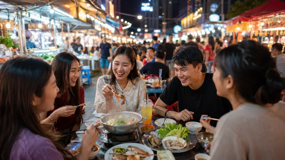 Streetfood-Stände auf einem Nachtmarkt in Pattaya am Abend