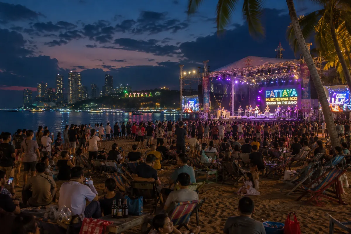 Feiernde Menschen an der Strandpromenade von Pattaya waehrend eines Festes