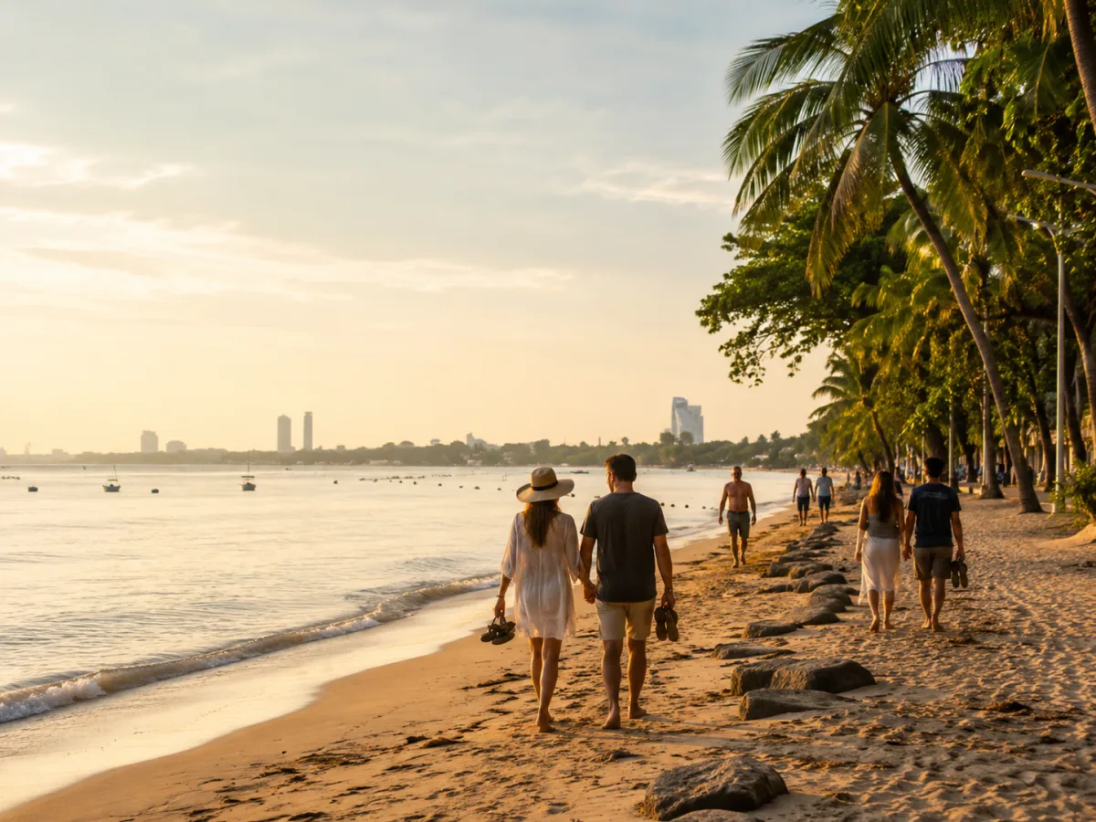 Pärchen spaziert bei Sonnenuntergang am Strand von Pattaya, Thailand – Traumlage für Immobilien