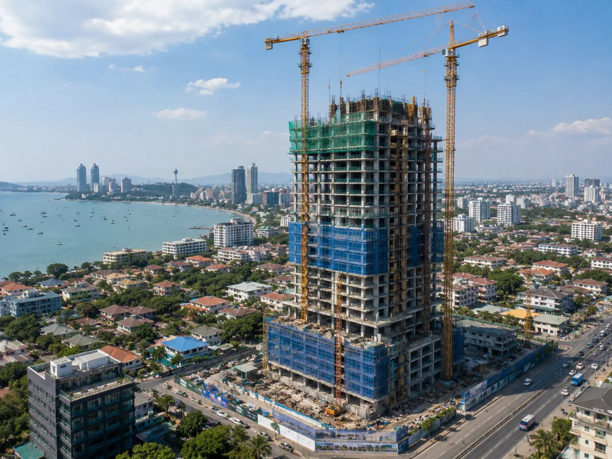 Off-Plan Hochhaus-Neubau Pattaya: Kaukräne und Meerblick im Entstehen