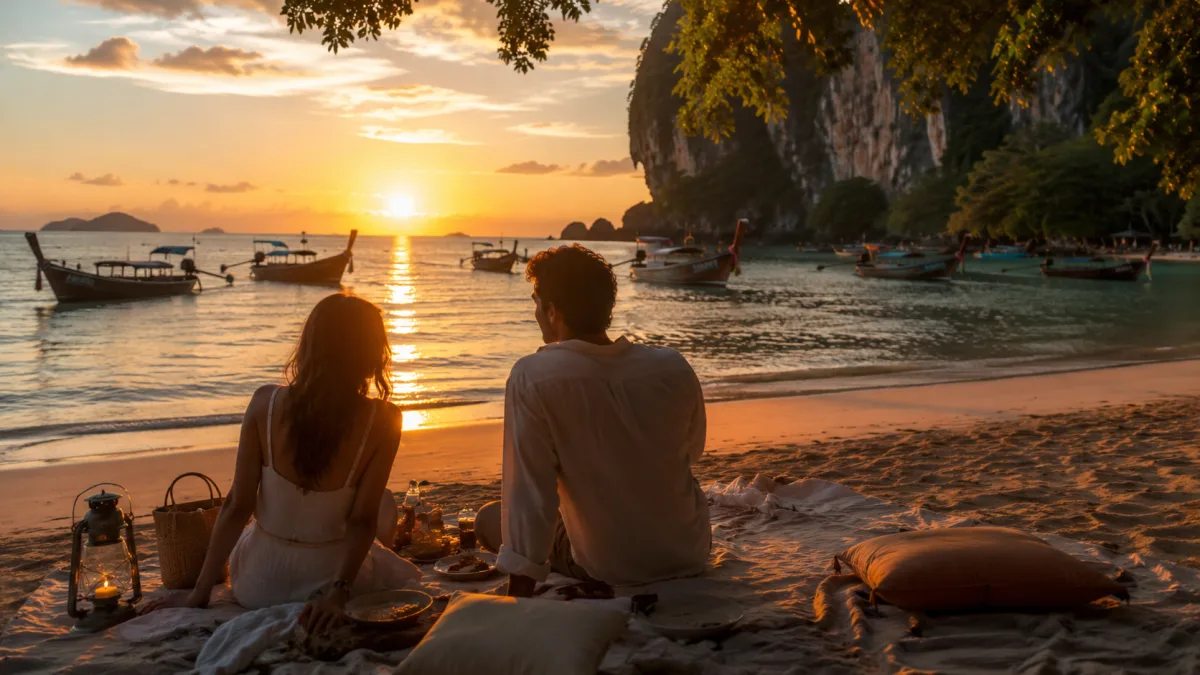 Railay beach romantischer sonnenuntergang longtail boote in Pattaya, Thailand