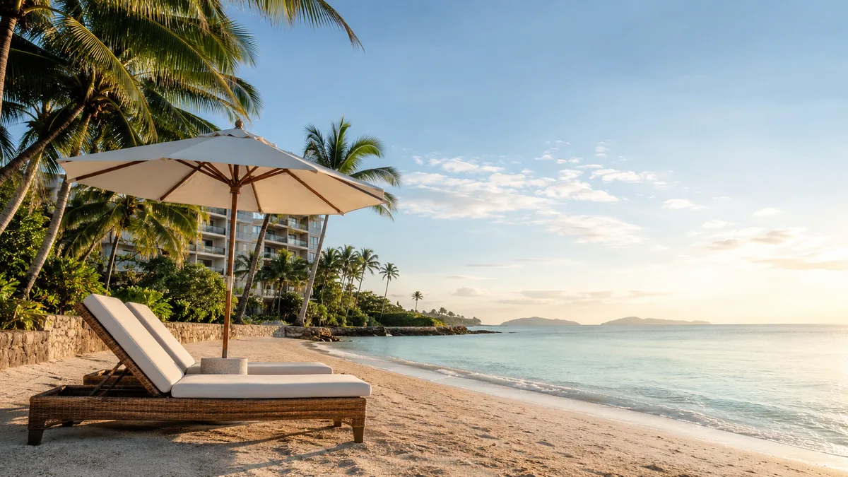 Ruhiger Strand mit Liegen am Morgen in Thailand, Wohngebäude im Hintergrund