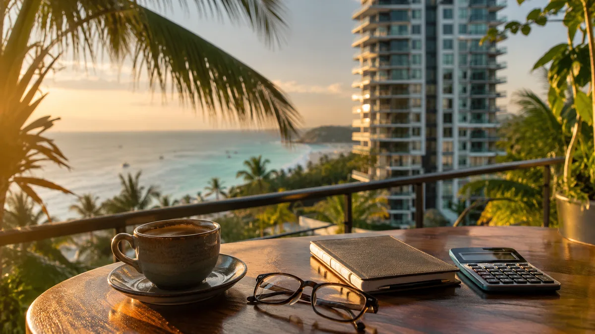Ruhestandsplanung in Thailand: Balkon mit Meerblick, Kaffee und Notizbuch zur Budgetrechnung