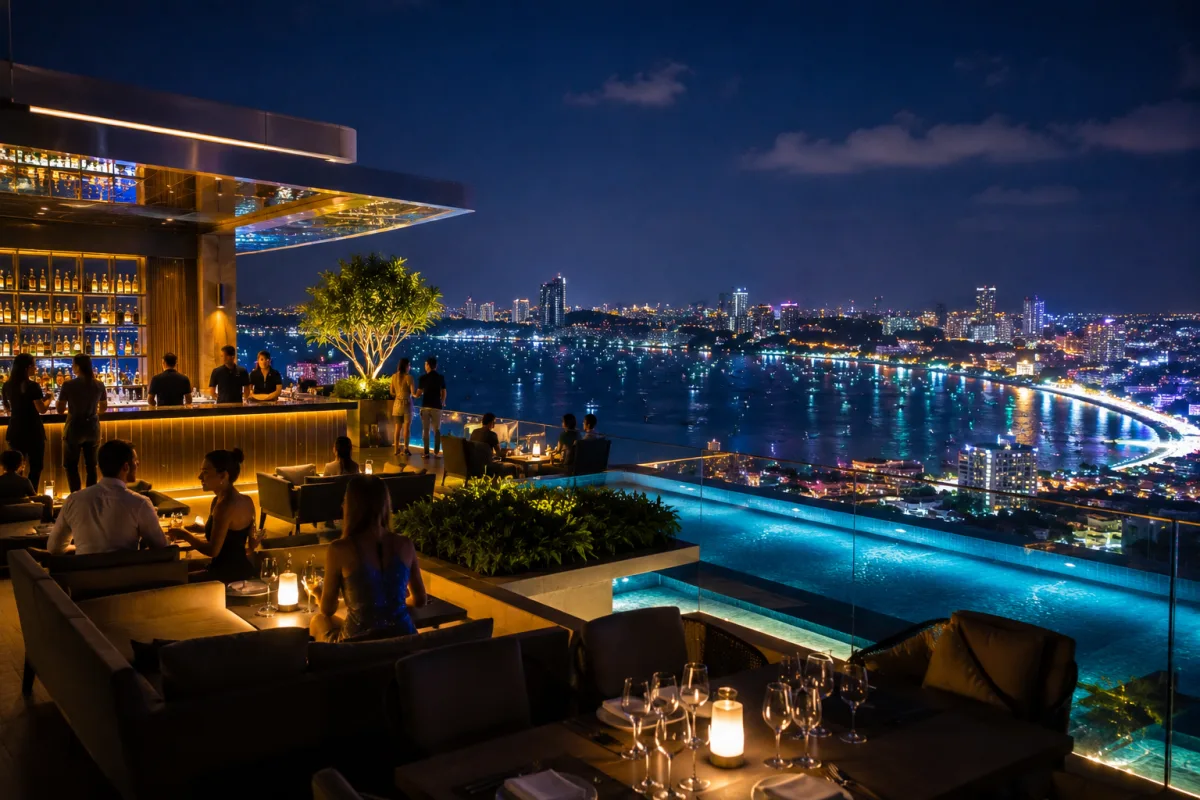 Rooftop-Infinity-Pool Pattaya bei Nacht: Luxus-Condo mit Panoramablick auf die Bucht