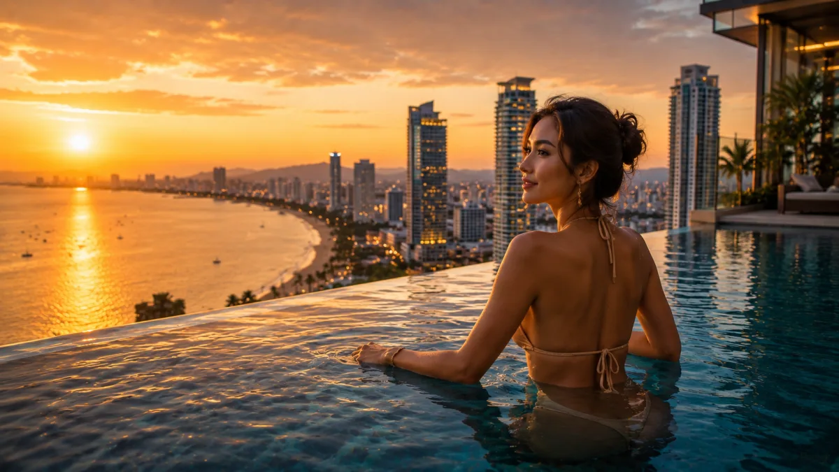 Infinity pool above the Pattaya skyline at sunset