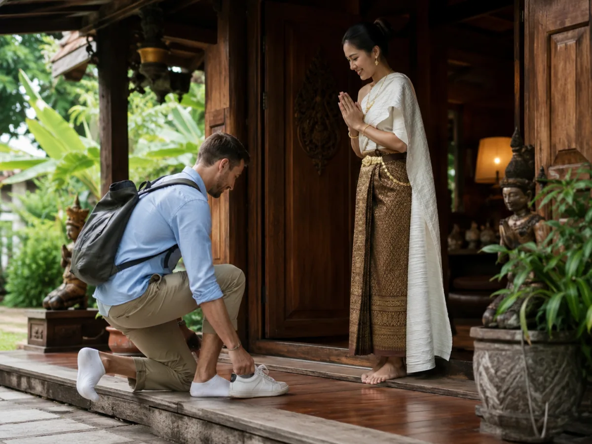 Tempelbesuch in Thailand, Schuhe ausziehen als Zeichen des Respekts