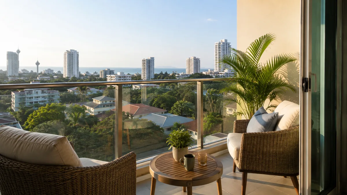 Kleiner Condo-Balkon mit Blick über Pattaya am Morgen