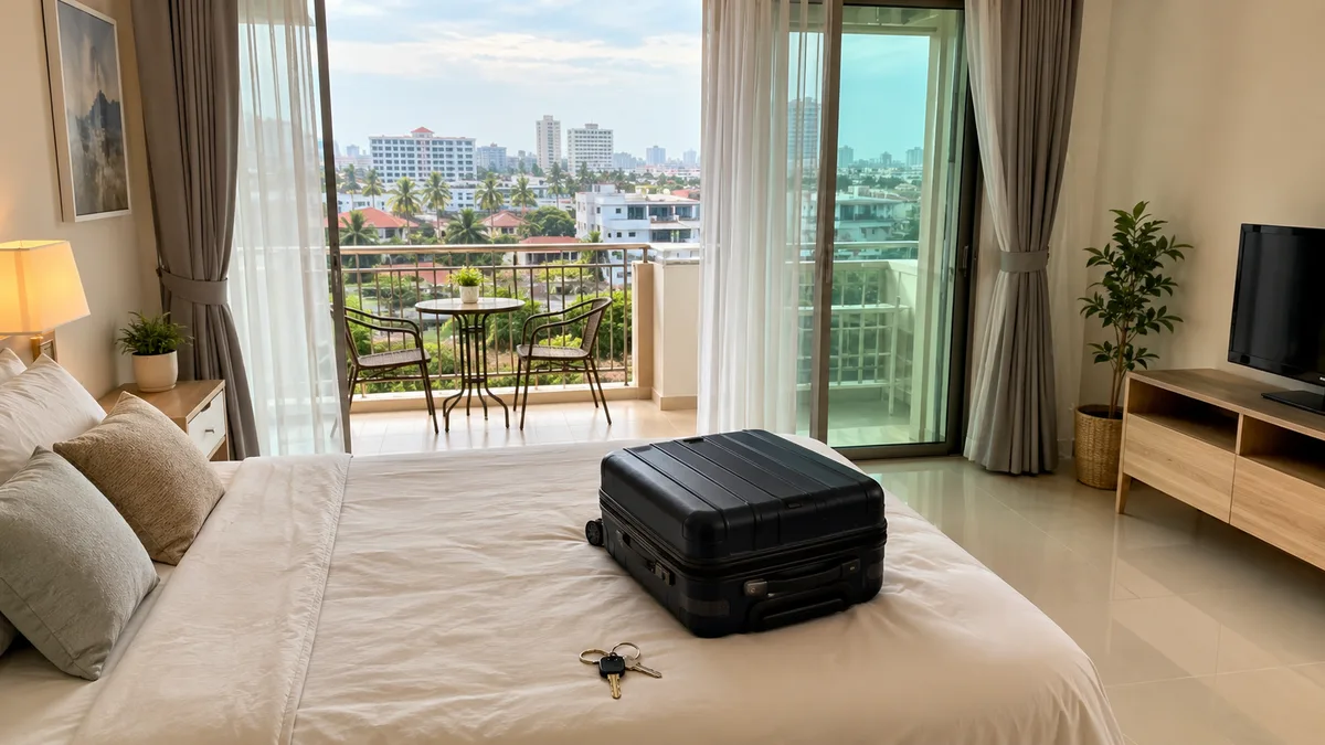 Möblierte Wohnung in Pattaya mit Koffer und Schlüsseln, bereit für einen Monatsaufenthalt