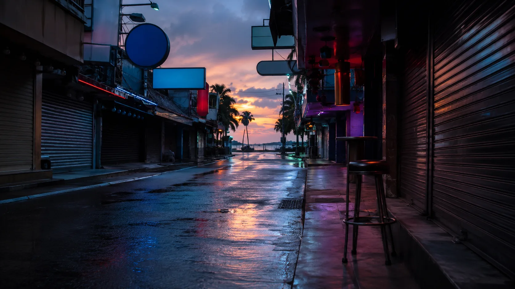 Closed bar fronts in a Pattaya side street at dusk, neon signs switched off (illustrative, AI-generated)