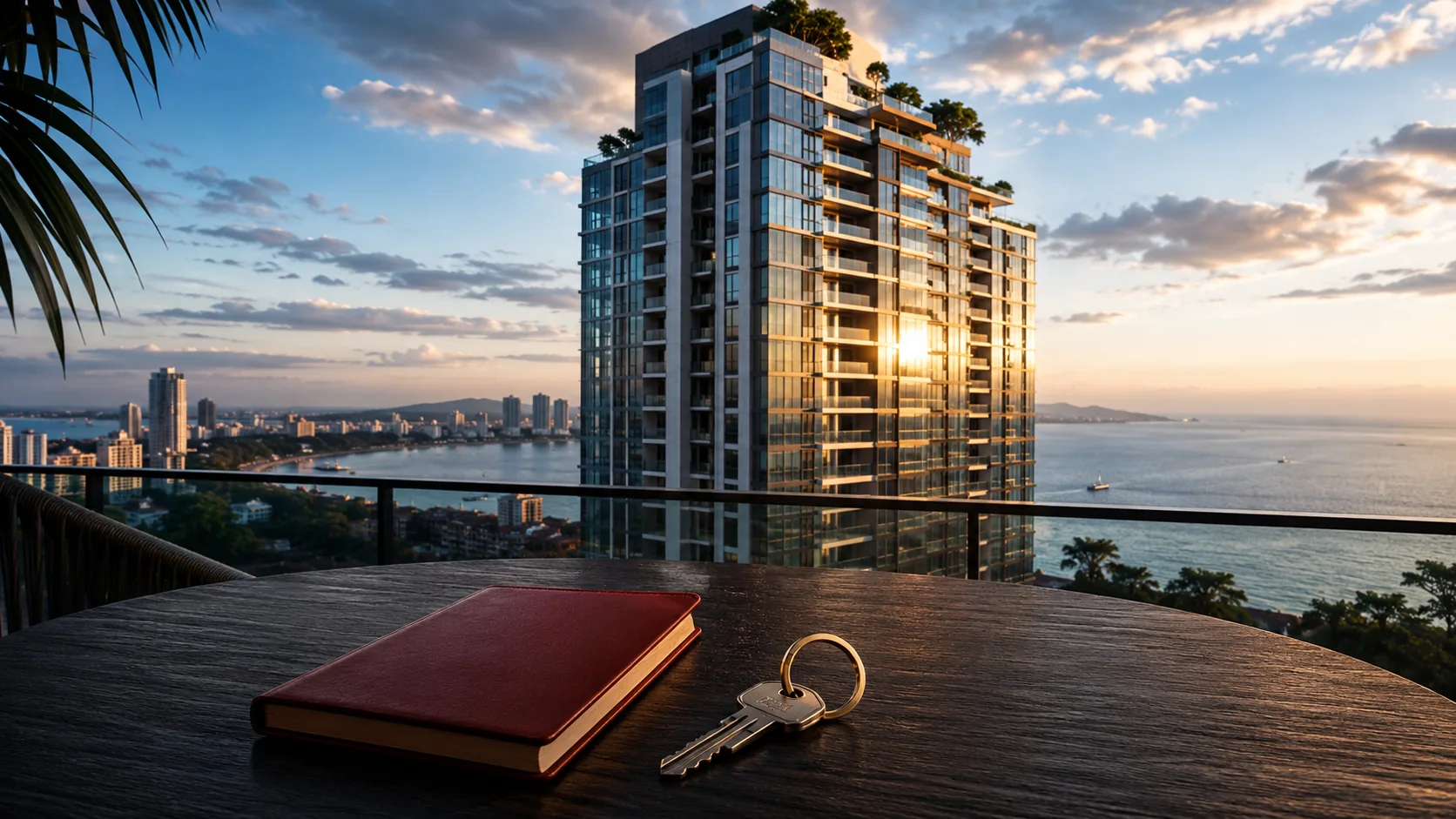 Modern condo tower in Pattaya in golden evening light, passport and apartment keys in the foreground (illustrative, AI-generated)