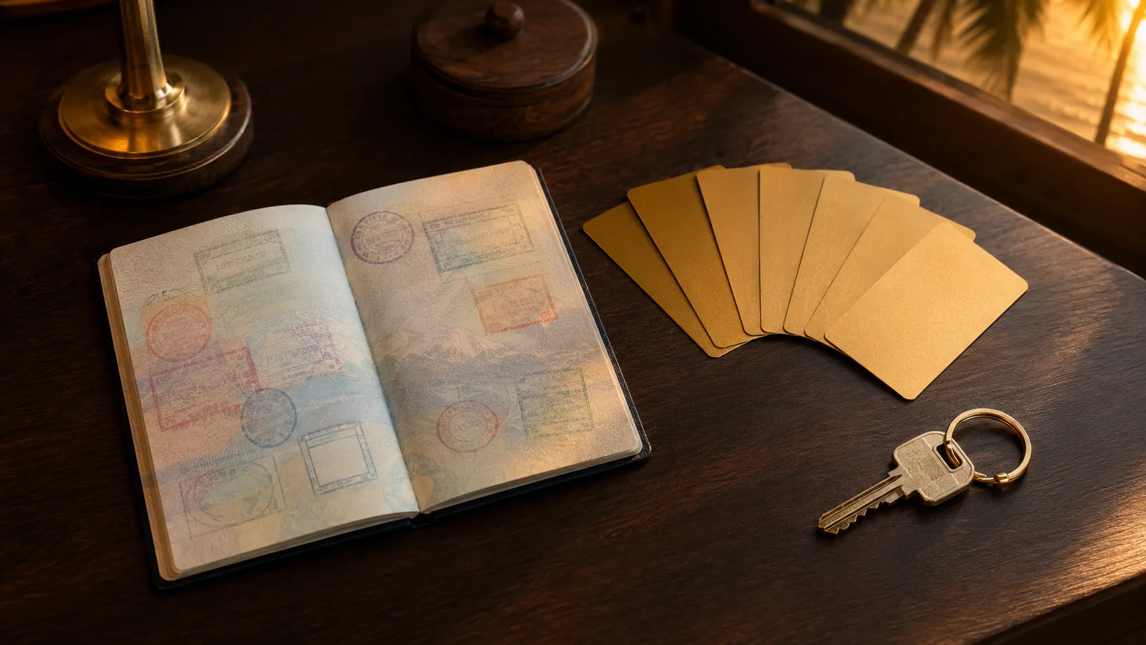 Six golden cards fanned like a hand of cards next to a passport and a condo key on dark wood (illustrative, AI-generated)