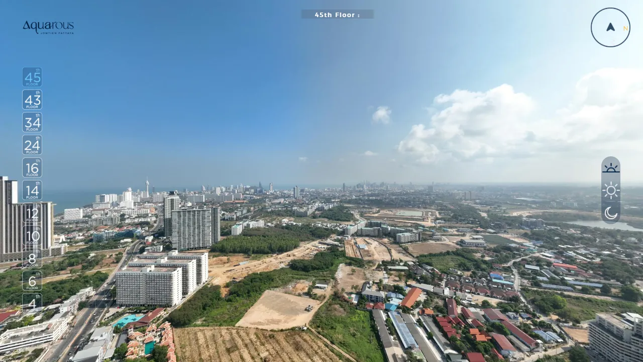 360-Grad-Panorama aus dem 45. Stock des Aquarous Jomtien mit Blick auf Jomtien, das Meer und die Skyline von Pattaya