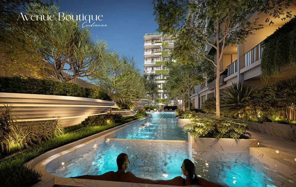Avenue Boutique, Avenue Boutique Condominium Pattaya Pool Lagune Abend Rendering 06 Scaled Png