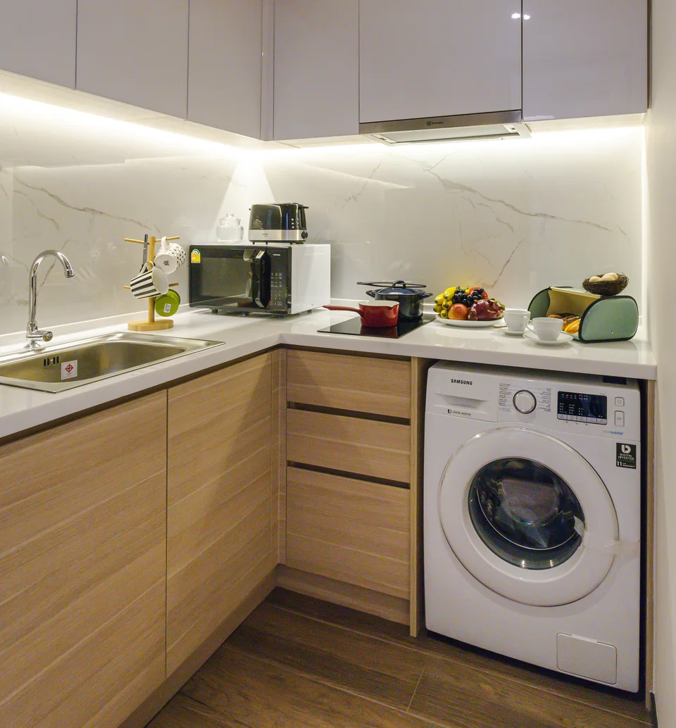 Real photo: studio kitchen at Beverly Mountain Bay — furnished renting means move in and start living.