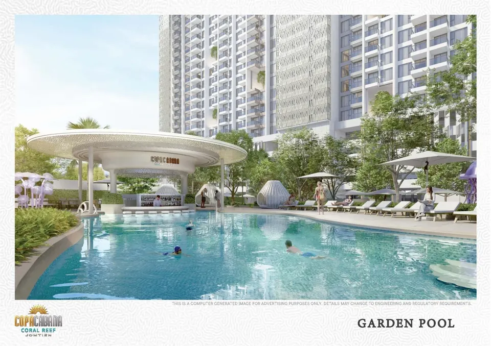 Copacabana Coral Reef, Pool area with bar, loungers and trees