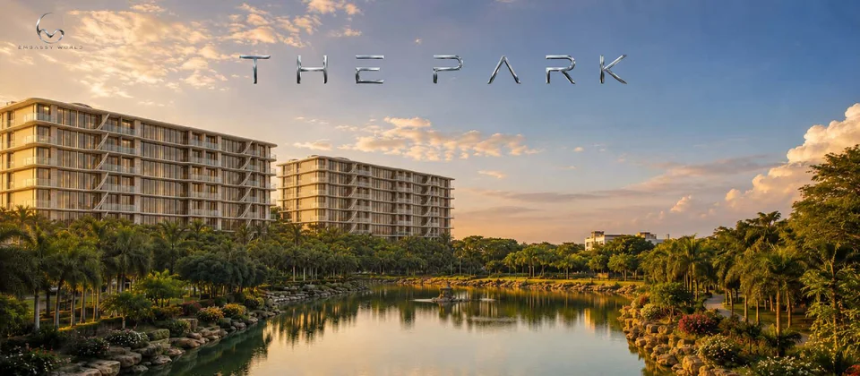Rendering: the park lagoon at Embassy World, Jomtien — green space right by the building.