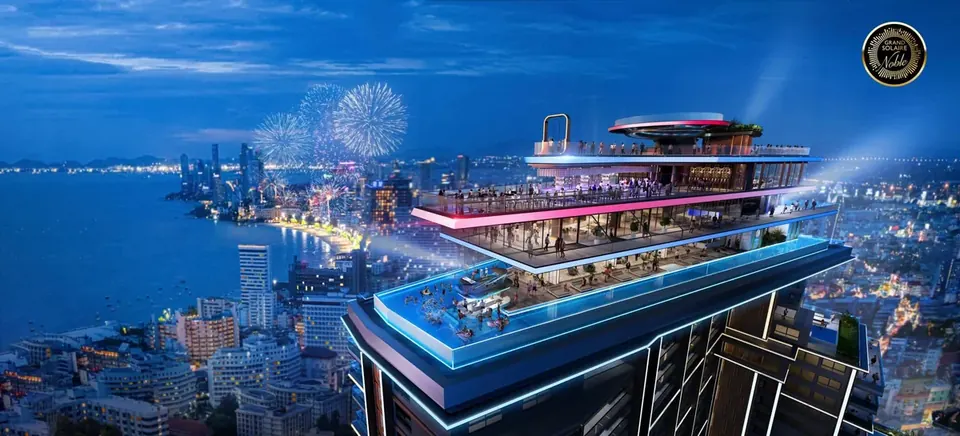 Grand Solaire Noble, Grand Solaire Noble Rooftop Skyline Feuerwerk Daemmerung Scaled Jpg