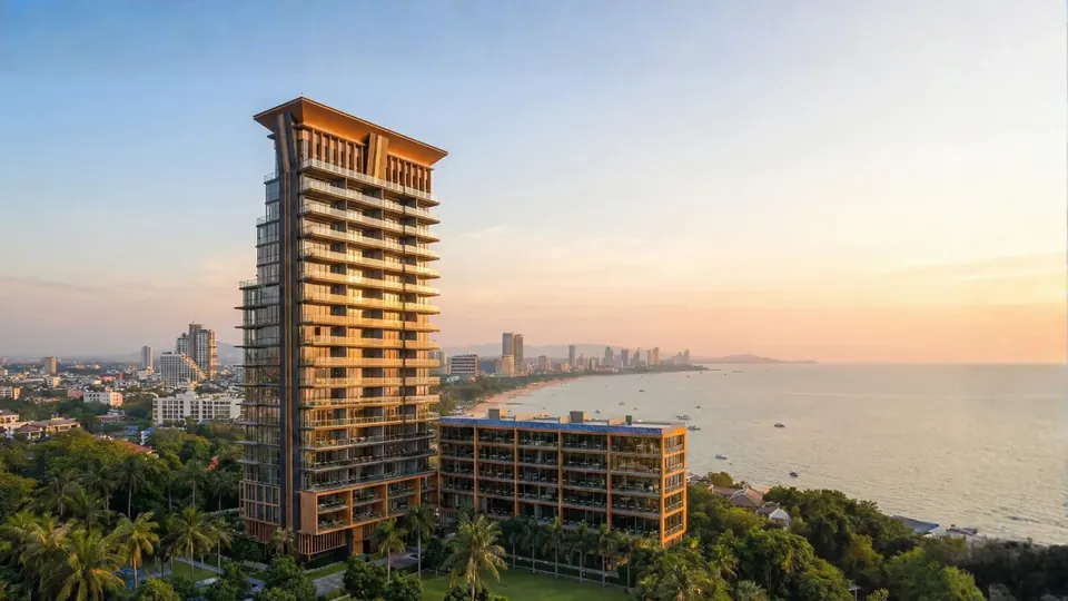 Luftaufnahme des Beachfront-Projekts Sea Sky by Sands in Pratumnak, Pattaya, mit Hochhausturm direkt am Meer und Blick auf die Bucht im Sonnenuntergang
