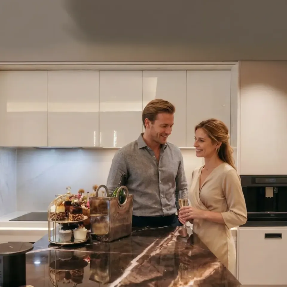 Luxurious kitchen of a residence at Sea Sky by Sands in Pattaya with a marble cooking island, high-gloss white cabinets and built-in appliances, a couple toasting with champagne