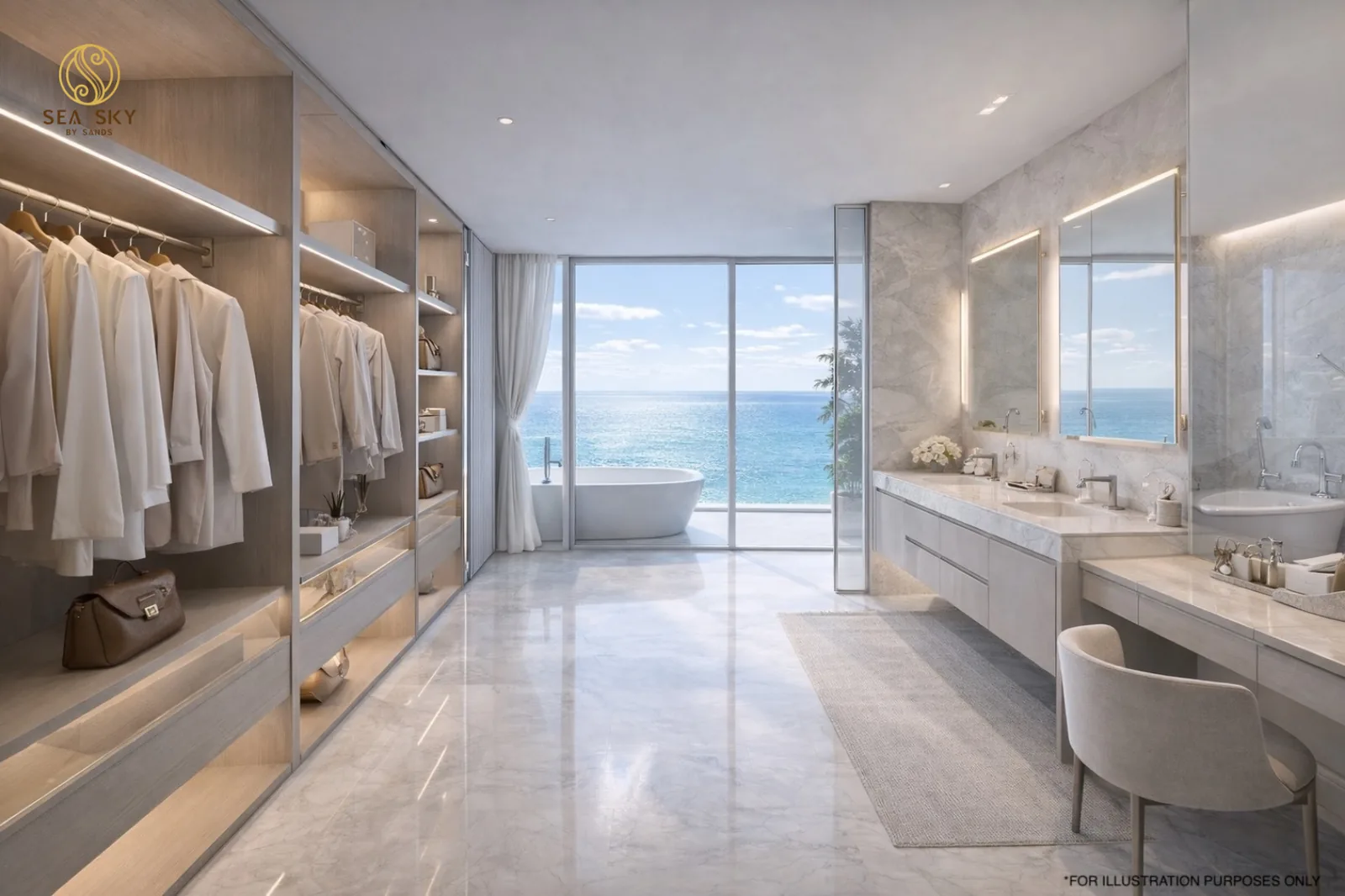 Luxuriöses Master-Badezimmer im Sea Sky by Sands in Pattaya mit freistehender Badewanne, Doppelwaschtisch aus Marmor, begehbarem Ankleidebereich und bodentiefem Fenster mit Meerblick