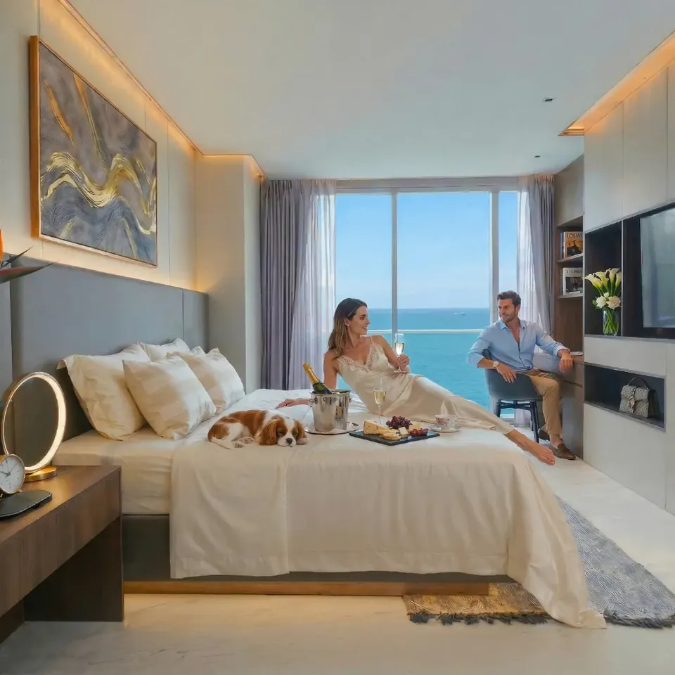 Luxuriöses Schlafzimmer einer Sea Sky by Sands Residenz in Pattaya mit Meerblick durch bodentiefe Fenster, elegantem Doppelbett und Wohnbereich