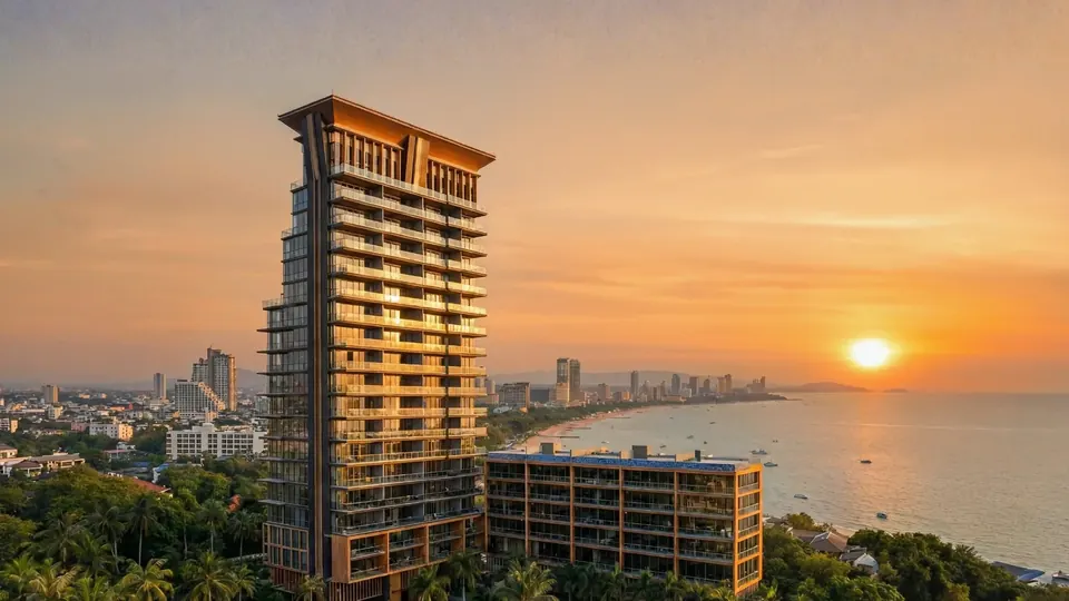 Aerial view of the Sea Sky by Sands tower at Pratumnak at sunset over the bay of Pattaya