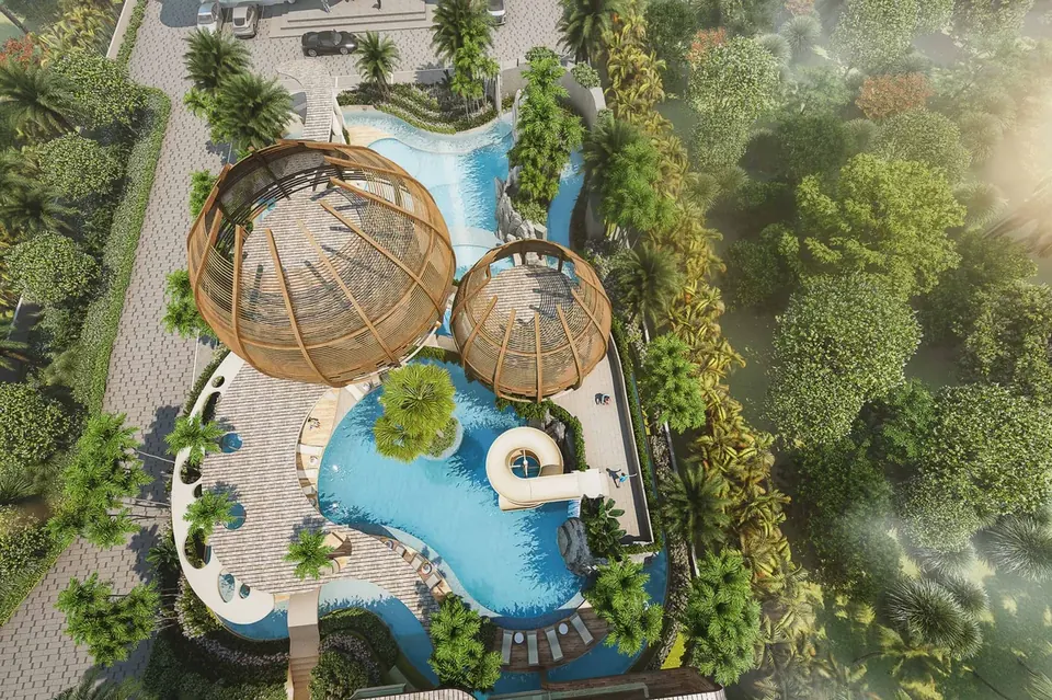 Seaspire Jomtien, aerial view of the pool landscape with pavilions, Jomtien, Pattaya