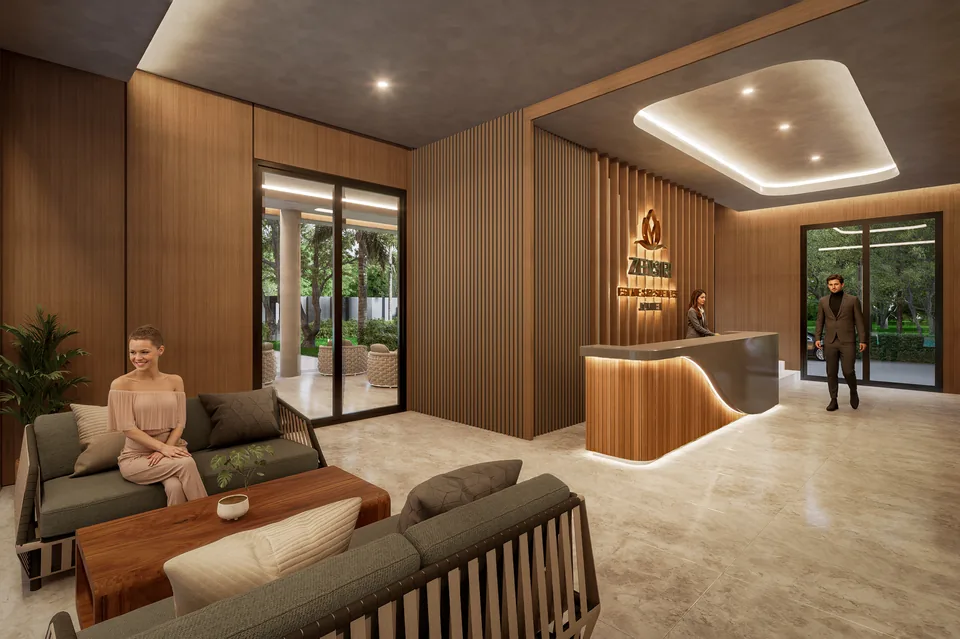 Zensiri Residences Jomtien, lobby with timber-clad reception