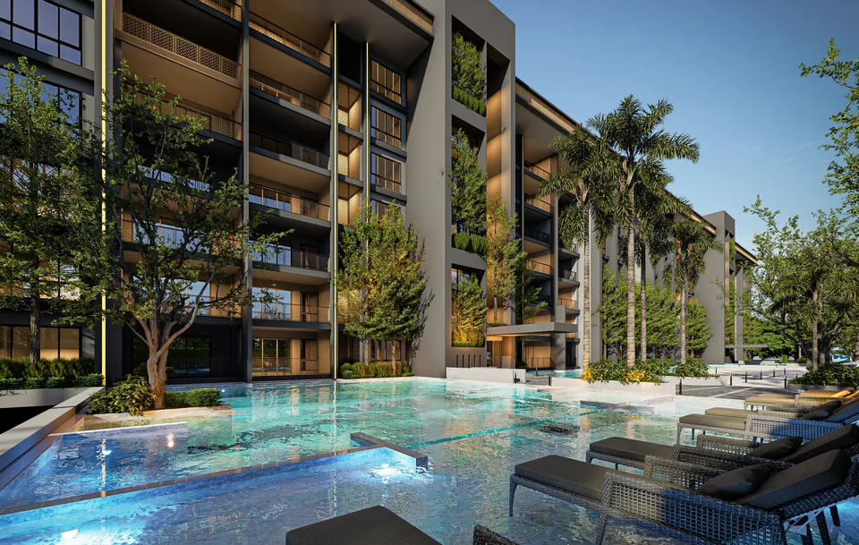 Zensiri Residences Jomtien, pool area with planted balconies