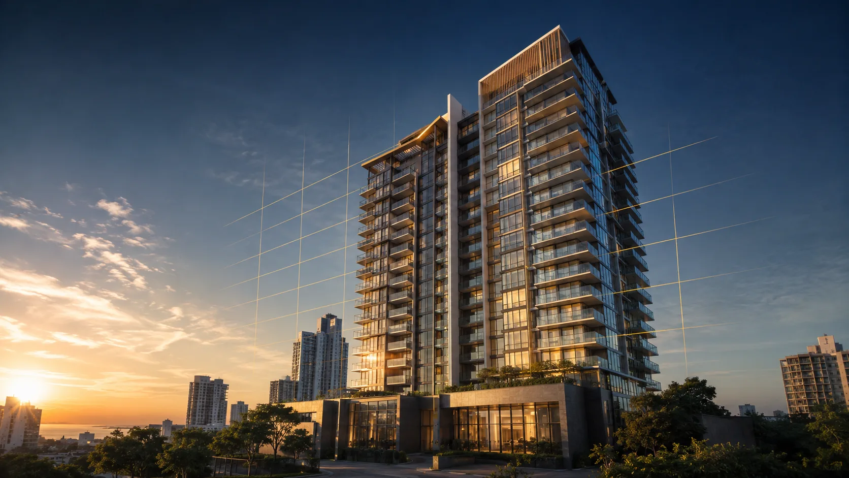Modern condo tower in Pattaya with a golden value grid at sunset (illustrative, AI-generated)