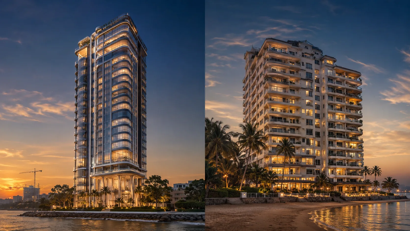 Neubau oder Resale in Pattaya: neuer Glasturm links, etablierte Strandanlage rechts (Symbolbild, KI-generiert)