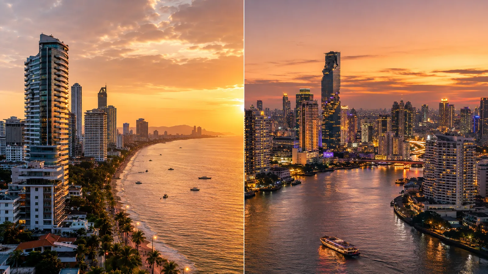 Vergleich Pattaya und Bangkok: Strandbucht mit Hochhäusern links, Metropolen-Skyline am Chao Phraya rechts (Symbolbild, KI-generiert)