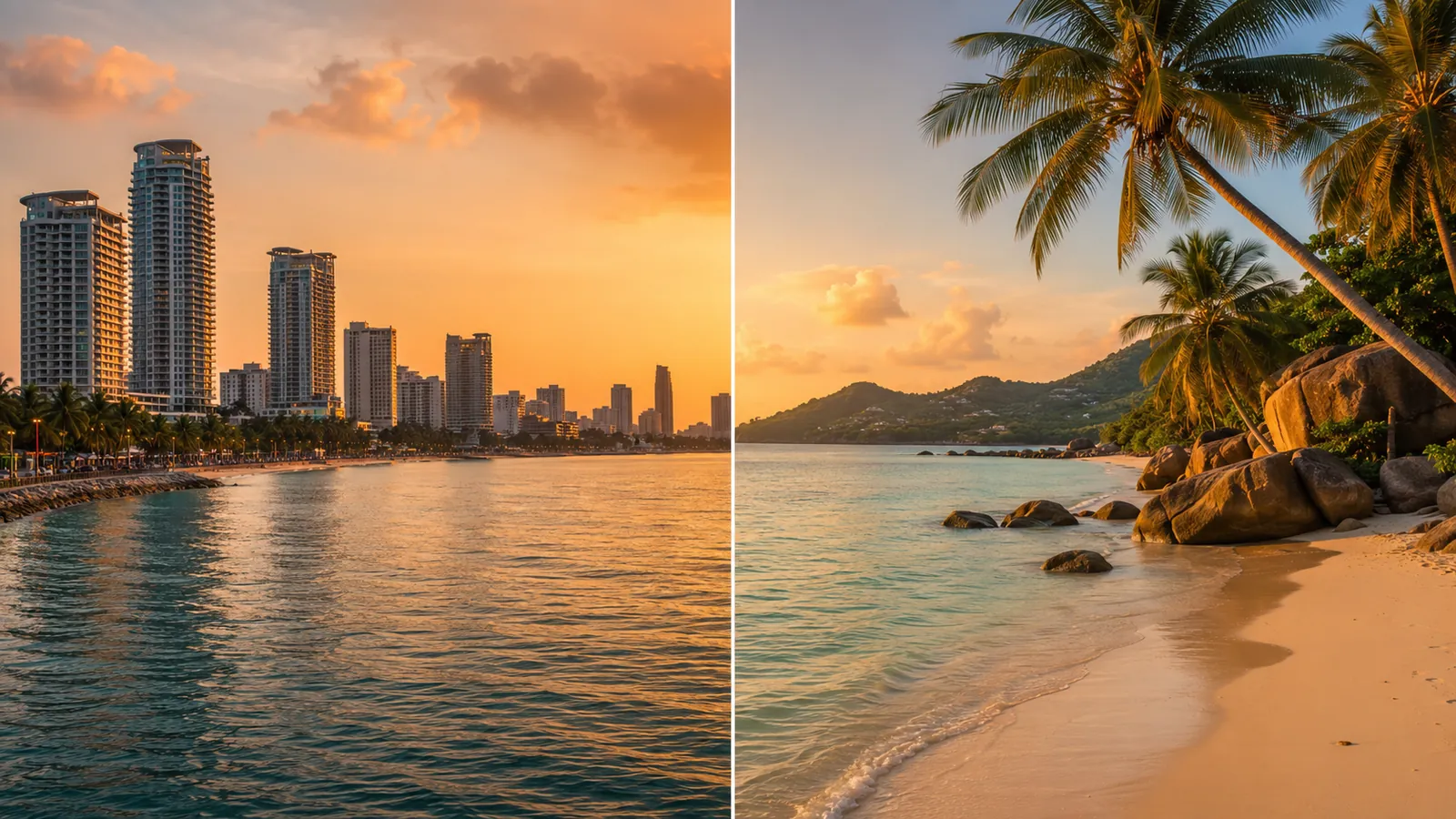 Vergleich Pattaya und Koh Samui: Stadtstrand mit Hochhäusern links, Palmenstrand mit Granitfelsen rechts (Symbolbild, KI-generiert)