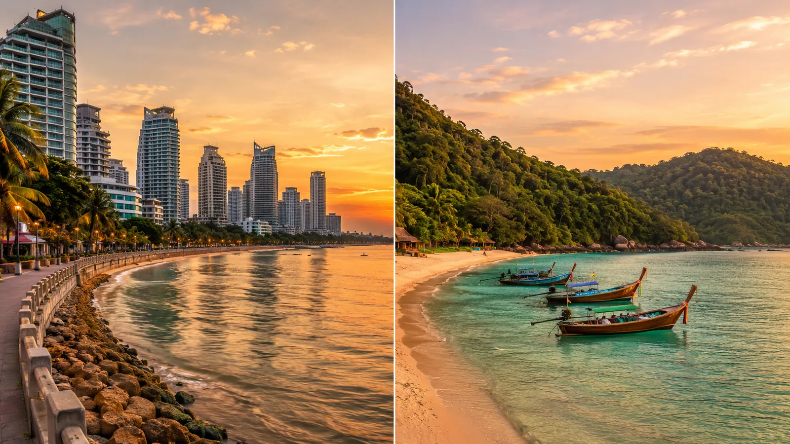 Vergleich Pattaya und Phuket: Skyline mit Strandpromenade links, Inselbucht mit Longtail-Booten rechts (Symbolbild, KI-generiert)