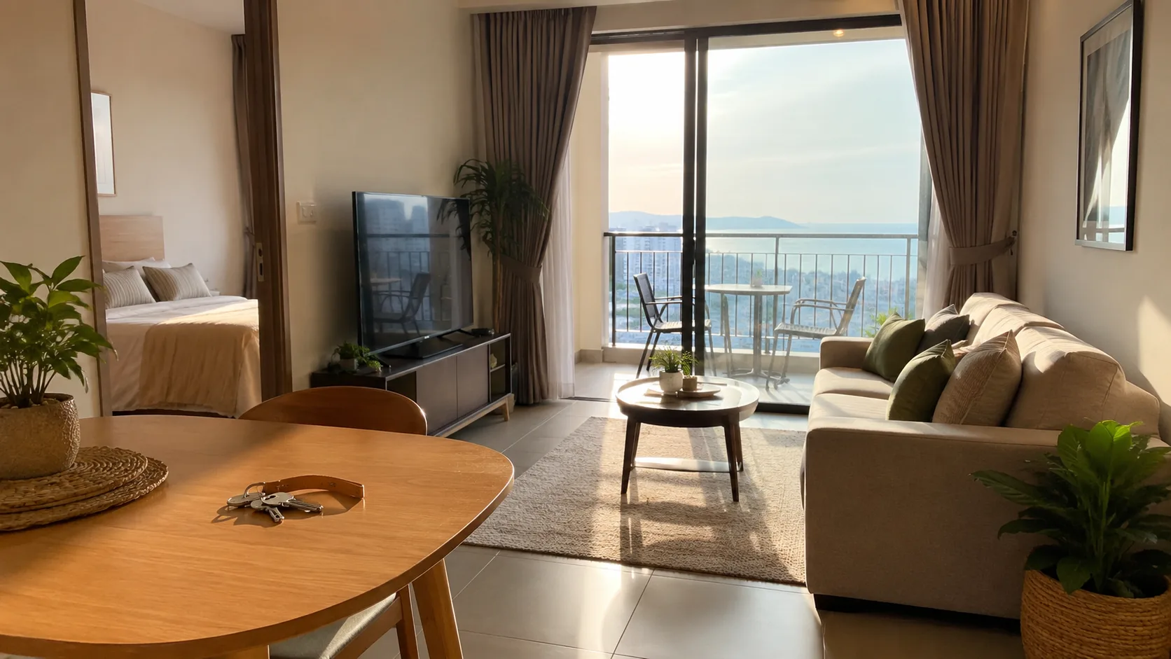 Furnished one-bedroom condo in Pattaya with balcony, sea view and keys on the table (illustrative, AI-generated)