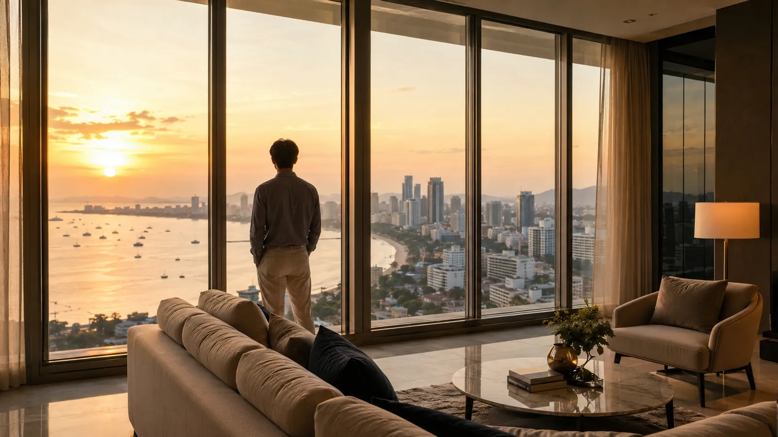 Blick aus einem Pattaya-Condo über die Bucht bei Sonnenuntergang, Person als Silhouette am Fenster (Symbolbild, KI-generiert)
